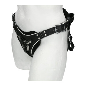  Luxus Strapon-Harness aus Leder Schwarz/Weiß 