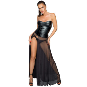 Noir Handmade - langes Wetlook-Kleid mit Tüll XL